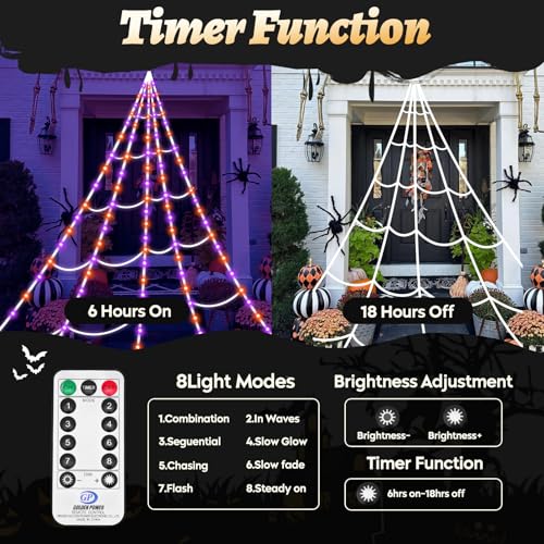 Giant 16ft LED Spider Web Halloween Outdoor Decoration - Waterproof, 8 Modes