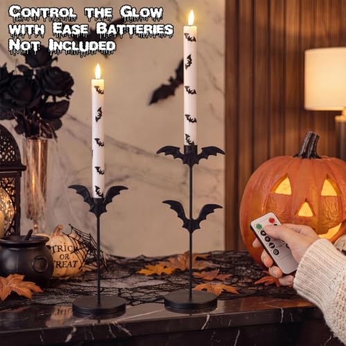 Halloween Bat Flameless Candles Set with Remote Timer - Gothic LED Tapers for Spooky Decor