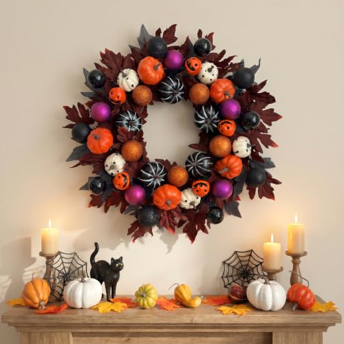 Halloween Ball Wreath for Front Door - 24 Inch Pumpkin Fall Door Decor - Black Variation