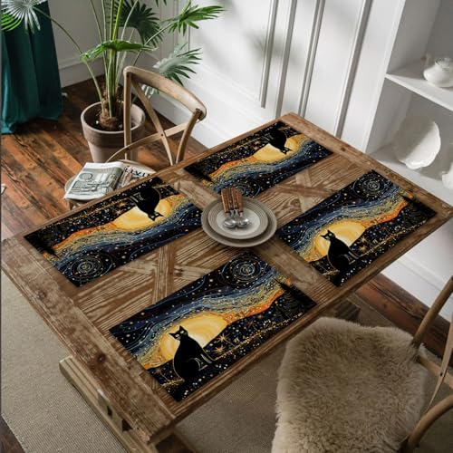Black Cat Placemat Set of 4 - Starry Night Table Mats for Kitchen Dining