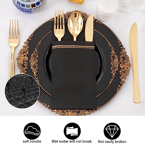 Black Disposable Napkins with Built-in Flatware Pocket - 100 Pack