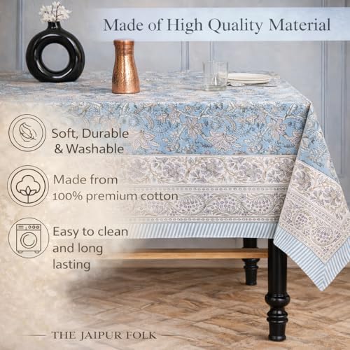 Hand Block Printed Floral Rectangle Table Cloth - Sky Blue, 108x72 Inches, Cotton, Festive & Everyday Use