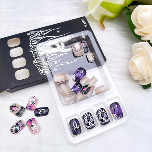 Halloween Press On Nails Short Square Purple Fake Nails with Pumpkin & Spider Design, 24 Pack