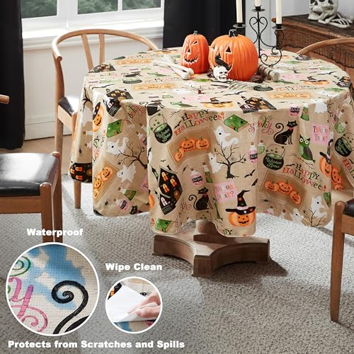Halloween Witches Brew Vinyl Round Tablecloth - 70 Inch with Ghost & Pumpkin Design - Witches Brew Variation