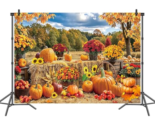7X5FT Fall Pumpkin Backdrop Autumn Haystack Maple Leaves Photography Background