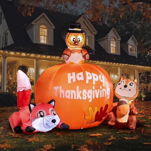 6 FT Thanksgiving Inflatable Turkey with Pumpkin Raccoon & Squirrel LED Yard Decor