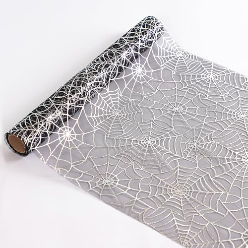 Snowkingdom Halloween Table Runner Spider Web Silver Sequin Sheer 10FT - Black, 120"