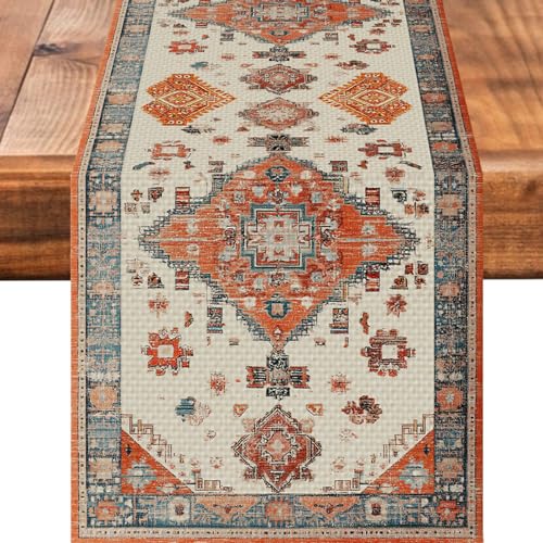 Fall Farmhouse Bohemian Orange Table Runner - Rustic Linen for Dining & Holiday Decor