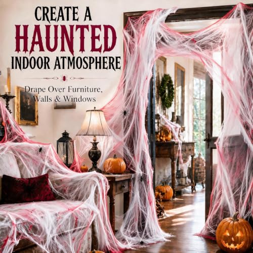 Bloody Spider Web Halloween Decorations Set - 1600 Sq Ft with 120 Spiders