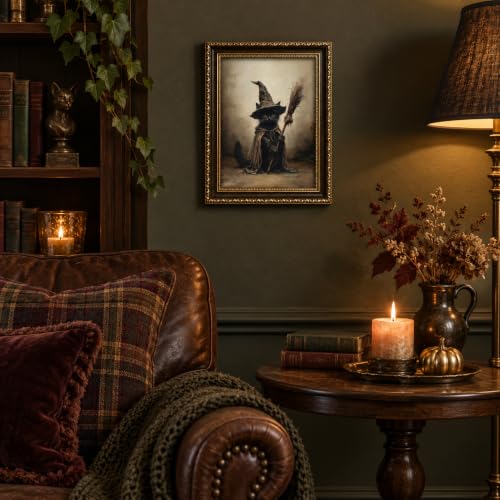 Witch Cat Framed Canvas Wall Art - Halloween Gothic Black Cat Decor 16x12in