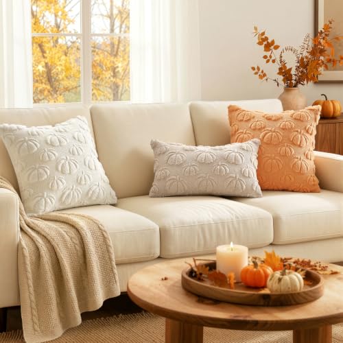 Cream White Fall Decor Pillow Covers 20x20 Set of 2 Pumpkin Embroidered