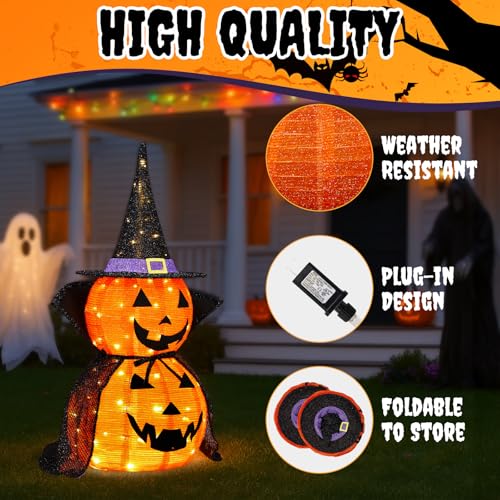 Halloween Collapsible Pumpkin Decoration Set - 2PC 3FT LED Lantern with Star Cap & Black Cloak