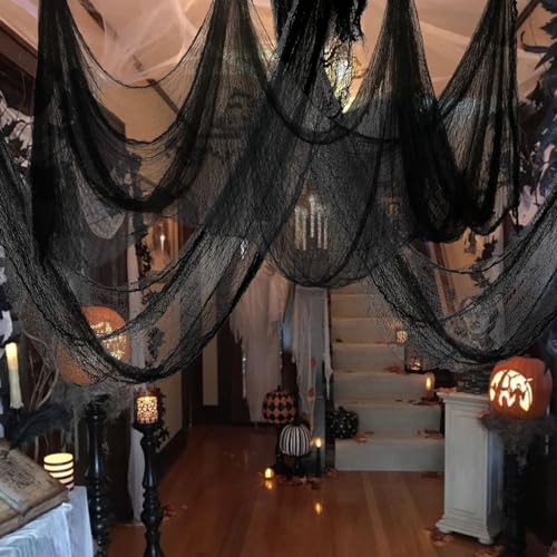 Halloween Creepy Cloth Decorations - Black Gauze Fabric for Haunted House & Outdoor Decor, 6 Pieces, 72x30 Inches