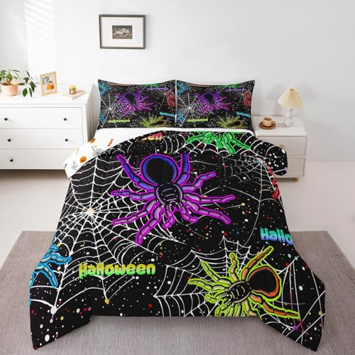 Kids Halloween King Comforter Set Black Purple Spider Web Bedding for Boys Girls - 3Pcs