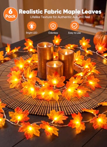 6 Pack Fall Maple Leaf Garland String Lights - Battery Operated Indoor Outdoor Decor
