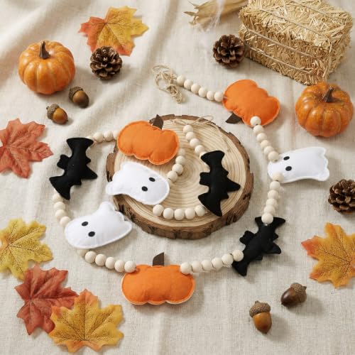 Halloween Felt Wood Beads Garland - Pumpkin Ghost Bat Banner, 8.2ft Autumn Decor