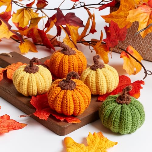 Mini Knit Pumpkins Set of 5 Fall Decor Autumn Bowl Fillers - Yellow, Orange, Green