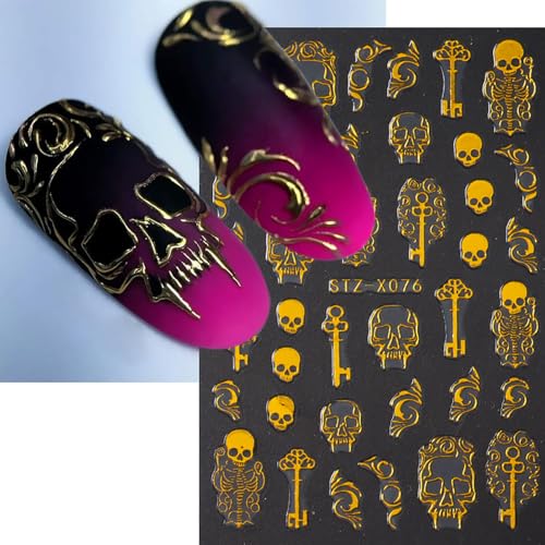 Halloween 07 Nail Sticker Decals - Gold Skull Spider Web Heart Butterfly 6 Sheets
