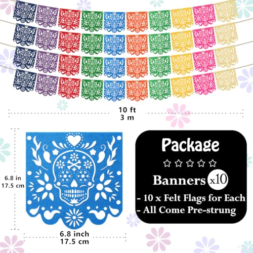 Dia De Los Muertos Decorations 10 Sets - Multicolor Felt Papel Picado Banner, 40 Feet