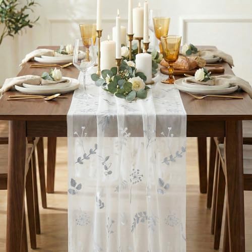 10FT White Silver Floral Leaves Gauze Table Runner - Wedding Party Decor