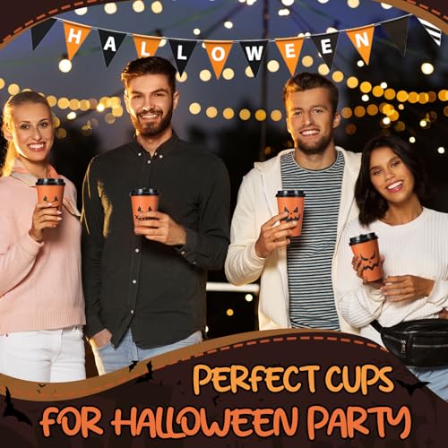 120 Pcs 12oz Halloween Pumpkin & Jack O Lantern Coffee Cups with Lids - Disposable Party Tableware