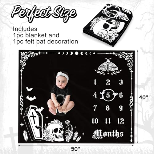 Baby Milestone Blanket with Felt Decorations - Gothic Skull & Bats, Fleece, 50x40 Inches