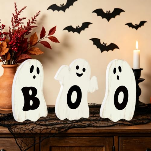 Halloween Ghost Wooden Signs Set - Boo Variation Indoor Holiday Decor