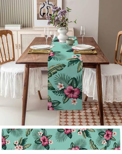 Hibiscus Tropical Table Runner - Linen Burlap - 13 x 90 Inch - Hibisci Variation