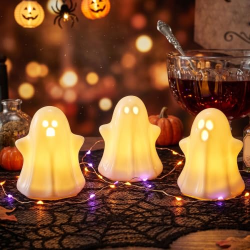Set of 3 Glossy White Ceramic Ghost Halloween Decor Light Up Figurines