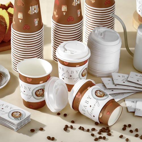 Baby Is Brewing Coffee Cups Set - 60pcs 14oz Disposable Cups with Lids & Sleeves, Brown Variation