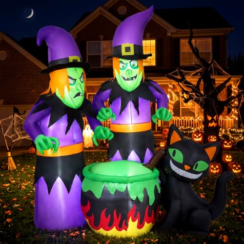 Halloween Inflatable Outdoor Decoration with 2 Witches and Black Cat - 6FT Lighted Yard Decor