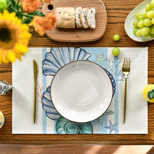 Sea Shell Starfish Placemats Set of 4 - 12x18 Inch Beige Ocean Table Decor