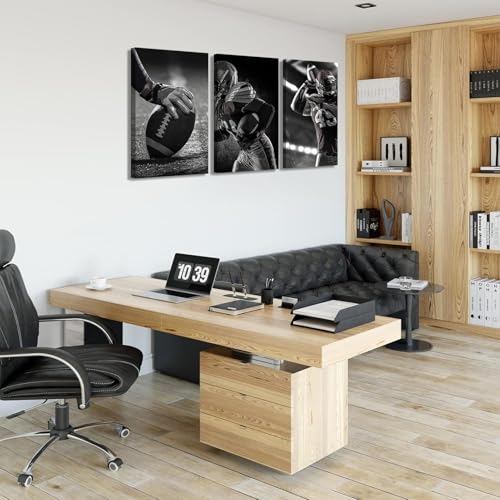 3Pcs Football Canvas Wall Art - Black and White Sports Decor, 16x12 Inches
