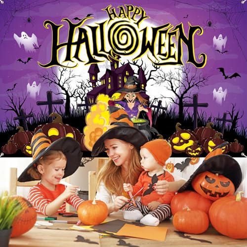 Purple Halloween Witch Banner - Large Spooky Backdrop with Potion Jars & Castle - Witch Variation