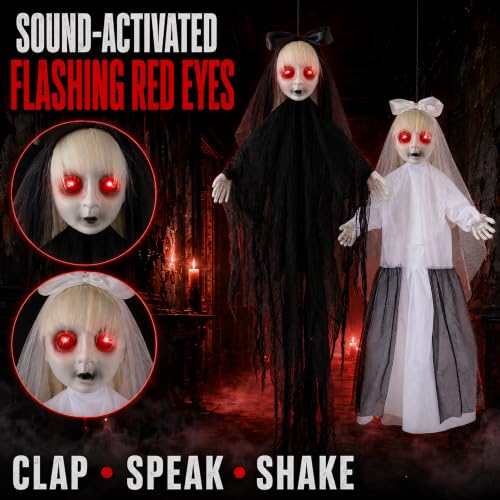 Halloween Hanging Twin Sisters Decorations with LED Eyes & Sound - Black White Twin Haunted Bride