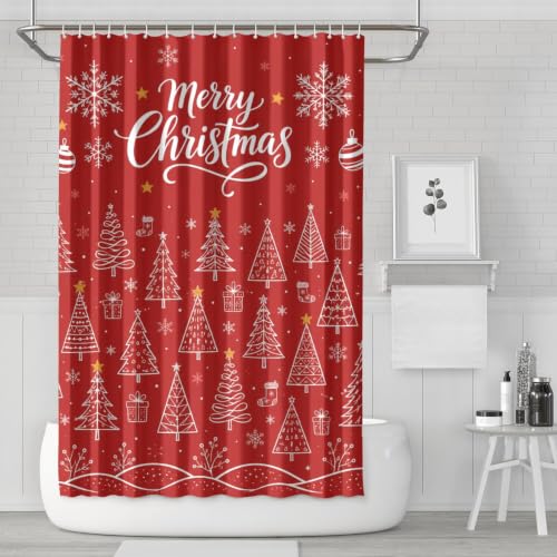 Christmas Shower Curtain Set Waterproof Fabric Holiday Bathroom Decor - Red Tree Snowflake 72x72 Inch with Hooks