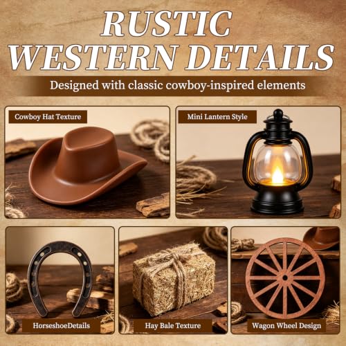 Western Cowboy Party Decorations Set - Rustic Table Centerpieces with LED Lanterns, Hats, Horseshoes, Wagon Wheels & Hay Bales, 40 pcs