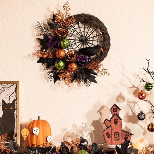 Valery Madelyn 18-Inch Pre-Lit Halloween Wreath for Front Door Decor - Timer