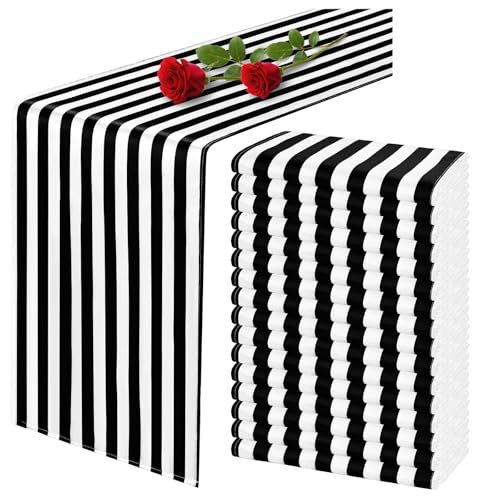 16 Pack Black and White Striped Table Runners 12x72 Inches - Party & Event Decor