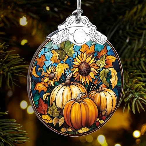 Pumpkin Sunflower Stained Glass Style Christmas Ornament - Fall Harvest Decoration - Indoor Outdoor Holiday Decor - 3.1 x 3.5 Inches