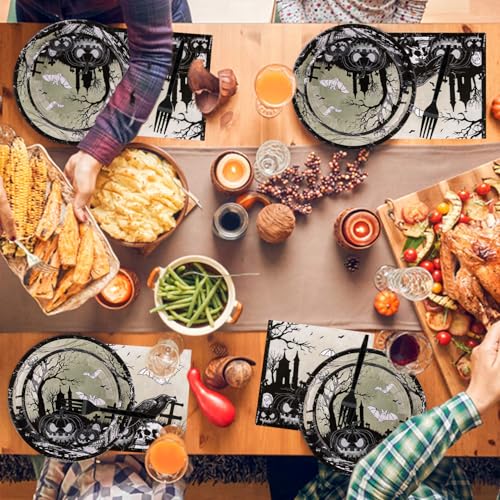 Halloween Tableware Set with Plates Napkins Forks Crow Style for 24 Guests