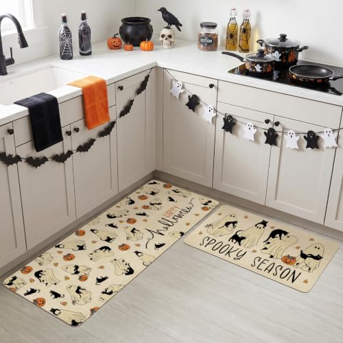 Ghost Black Cat Halloween Kitchen Rugs Set of 2 - Spooky Non-Slip Washable Mat