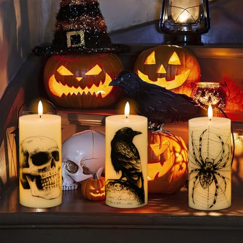 Halloween Skull Flameless Candles Set with Remote & Timer - Real Wax, 3 Pack