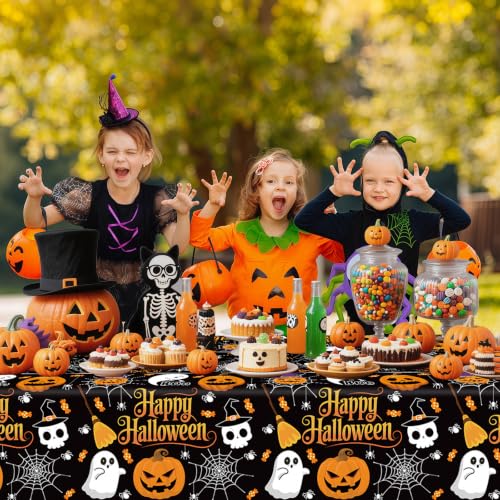 Black Halloween Tablecloth 3 Pack 54x108 Inches Disposable Plastic Cover with Pumpkin Ghost Designs