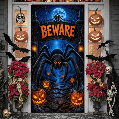 Halloween Door Cover Banner with Spider Web Pumpkin Haunted House Decor