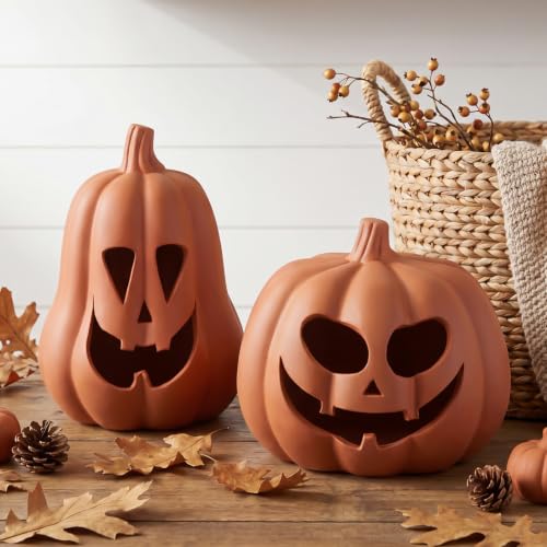Terracotta Jack O Lantern Pumpkin Decor Set - Halloween Ghost Carved Tea Light Holders - Variation of Terracotta