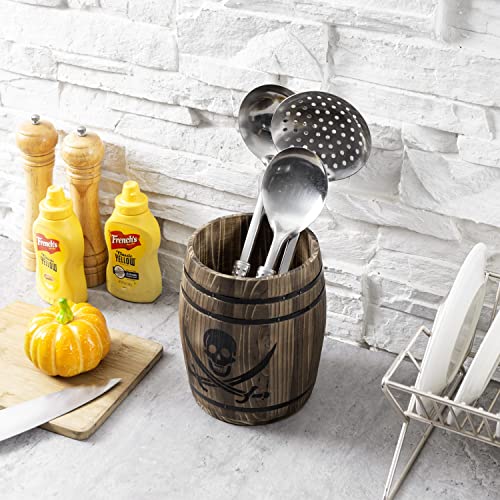 Pirate Rum Cask Utensil Crock with Burnt Wood & Pirate Pattern Variation