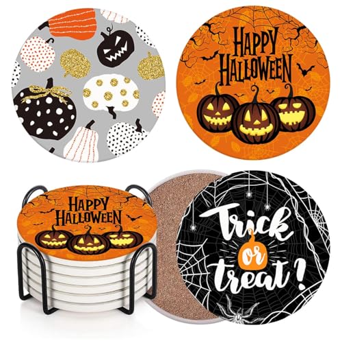 Halloween Ceramic Drink Coasters Set of 6 - Pumpkin with Happy Halloween Orange Variation