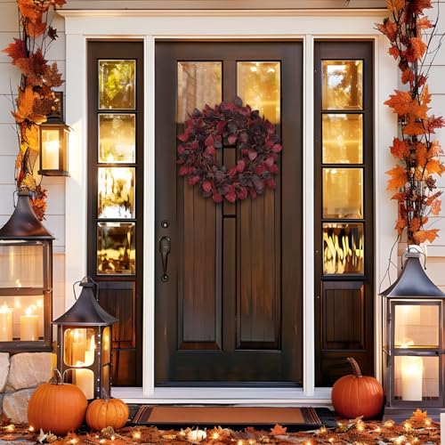 Artificial Fall Leaf Wreath for Front Door – Burgundy Red, 20-Inch Autumn Decor