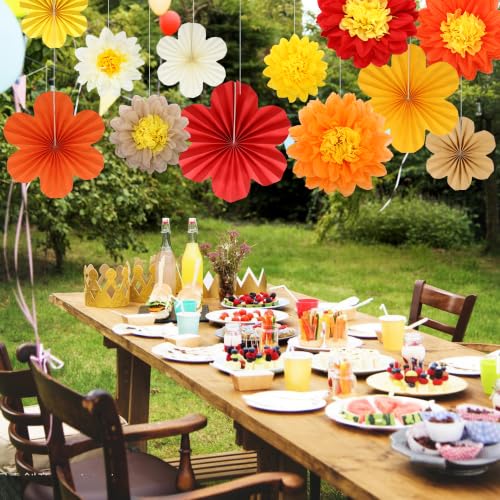 Dark Orange Red Paper Flower Fans & Pompoms Set for Fall Party Decorations - 12PCS